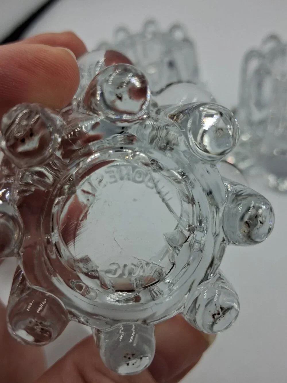 Lot of 4 Vintage Indonesia Heavy Clear Glass Tealight Flower Petal Scroll Holder